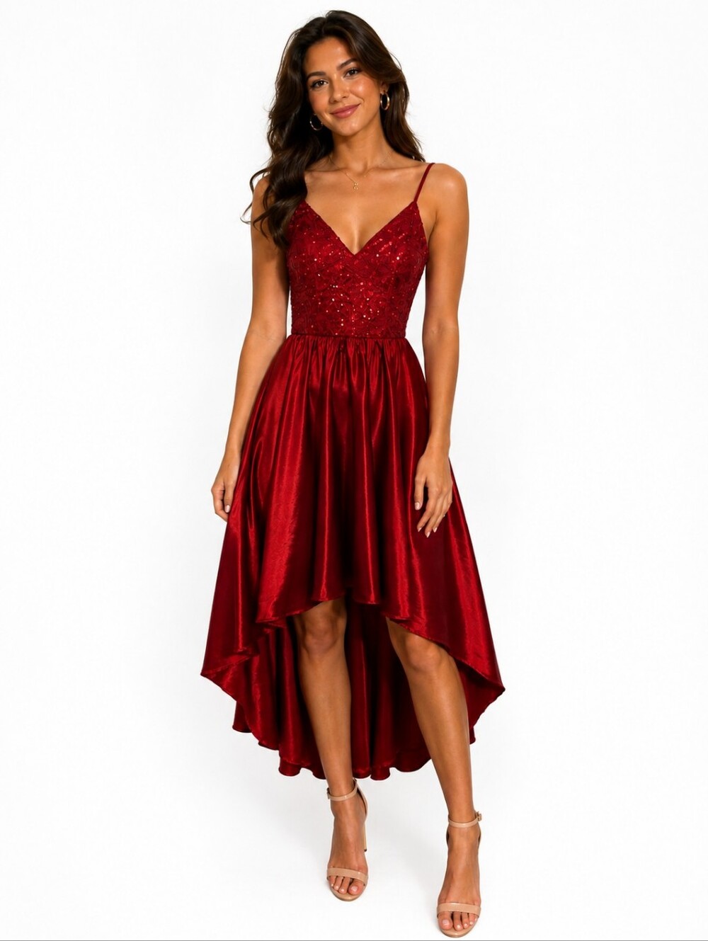 B. Smart Red Sequin Bodice High-Low Satin Dress